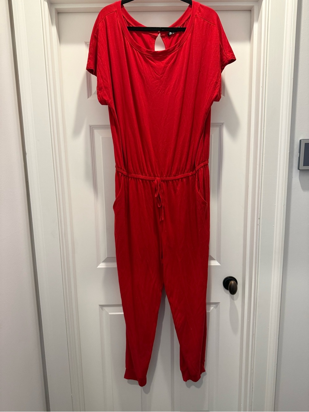 Red Short-Sleeve Drawstring Jumpsuit